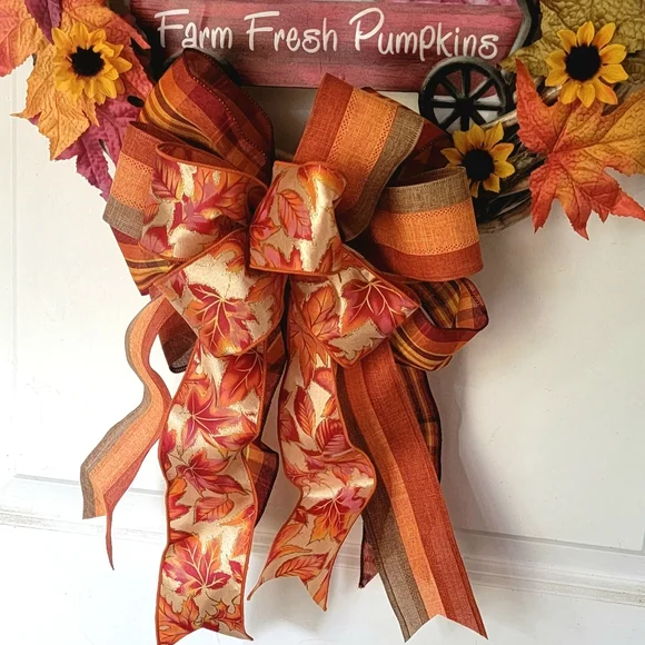 Host Pick Fall Harvest Wreath Bows Pumpkins Sunflowers Oak Leaves - Picture 7 of 8